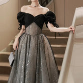 BXOXO Customized Hit Color Off Shoulder Evening Dress French Style Square Collar Puff Sleeves Vintage Printed Satin Party A-Line Prom